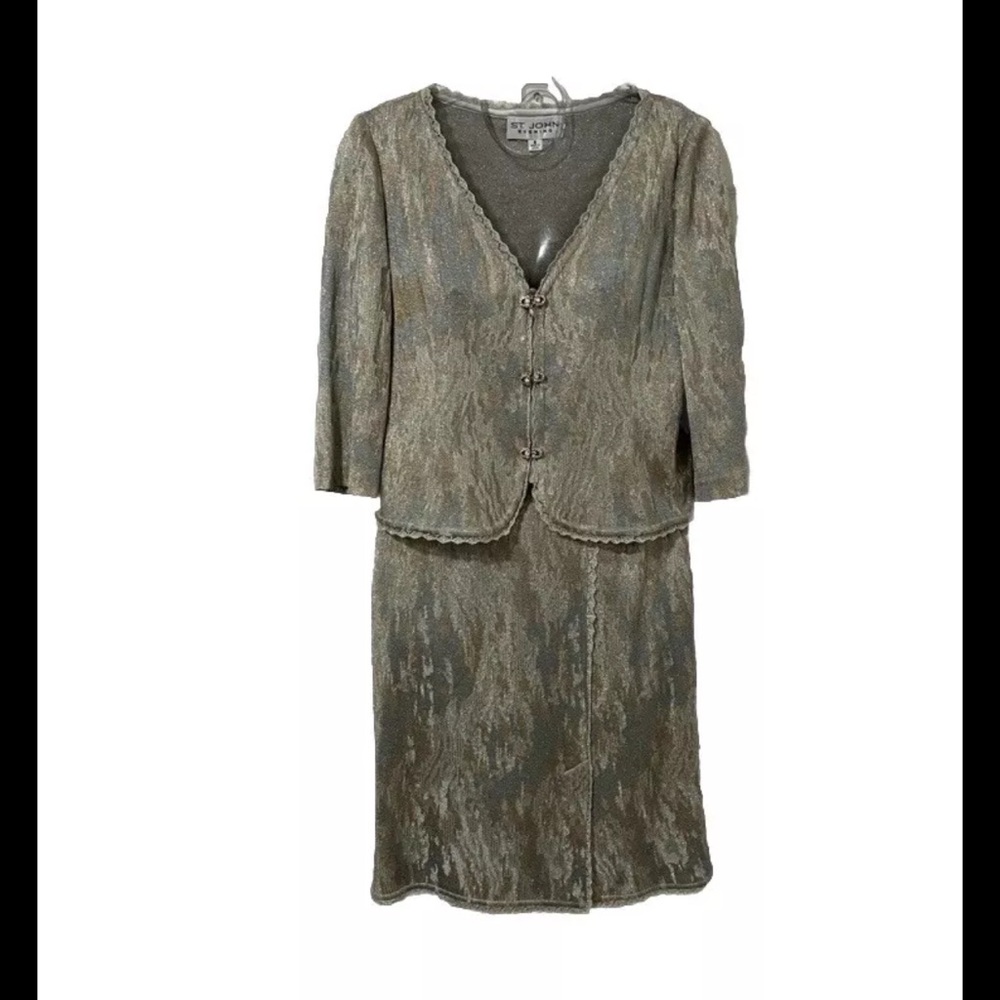 St. John Evening 2Pc Glitter Knit‎ Jacket & Skirt Suit Set in Silver Multi sz 2